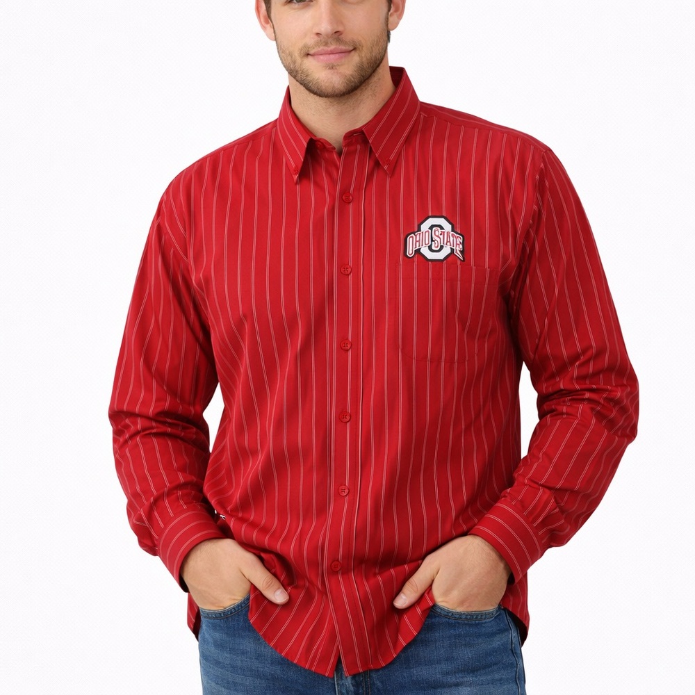 Antigua Ohio State Logo Red White Stripe Button Down Long Sleeve Dress Shirt XXL